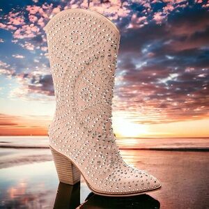 Corkys Cream Heeled Boots with Elegant Beading